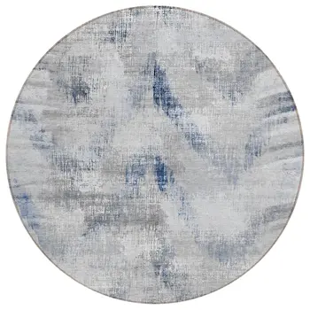 8' Gray Silver And Blue Round Abstract Washable Indoor Outdoor Area Rug
