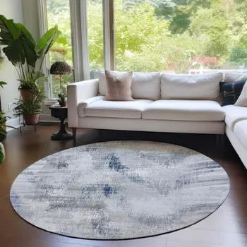 8' Gray Silver And Blue Round Abstract Washable Indoor Outdoor Area Rug