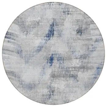 8' Gray Silver And Blue Round Abstract Washable Indoor Outdoor Area Rug