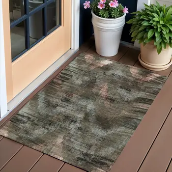 3' X 5' Brown Taupe And Salmon Abstract Washable Indoor Outdoor Area Rug