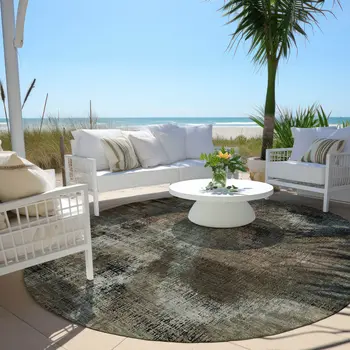 8' Brown Taupe And Salmon Round Abstract Washable Indoor Outdoor Area Rug