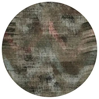 8' Brown Taupe And Salmon Round Abstract Washable Indoor Outdoor Area Rug