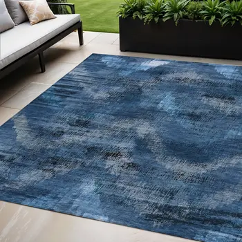 5' X 8' Navy Blue And Sky Blue Abstract Washable Indoor Outdoor Area Rug