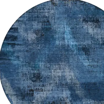 8' Navy Blue And Sky Blue Round Abstract Washable Indoor Outdoor Area Rug