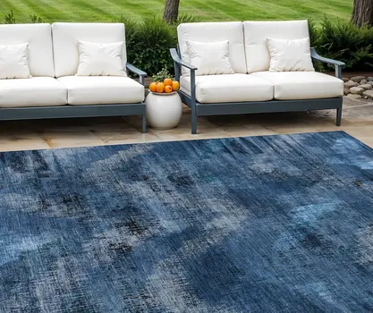 9' X 12' Navy Blue And Sky Blue Abstract Washable Indoor Outdoor Area Rug