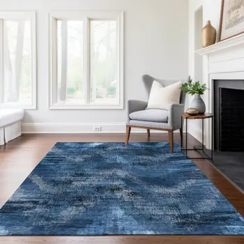10' X 14' Navy Blue And Sky Blue Abstract Washable Indoor Outdoor Area Rug