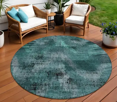 8' Fern Green And Emerald Round Abstract Washable Indoor Outdoor Area Rug