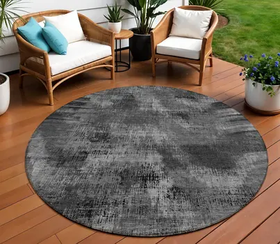 8' Gray Charcoal And Silver Round Abstract Washable Indoor Outdoor Area Rug