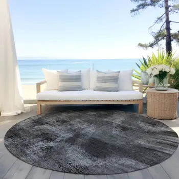 8' Gray Charcoal And Silver Round Abstract Washable Indoor Outdoor Area Rug