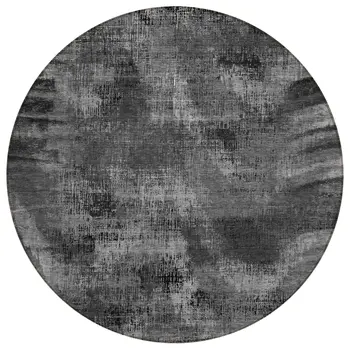 8' Gray Charcoal And Silver Round Abstract Washable Indoor Outdoor Area Rug