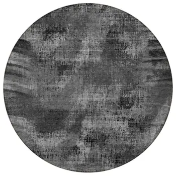 8' Gray Charcoal And Silver Round Abstract Washable Indoor Outdoor Area Rug