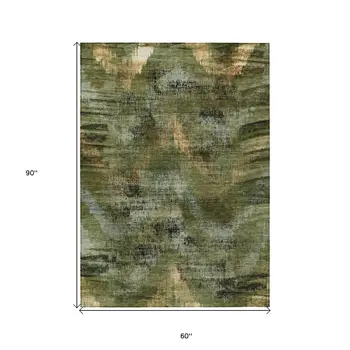5' X 8' Olive Green And Gold Abstract Washable Indoor Outdoor Area Rug