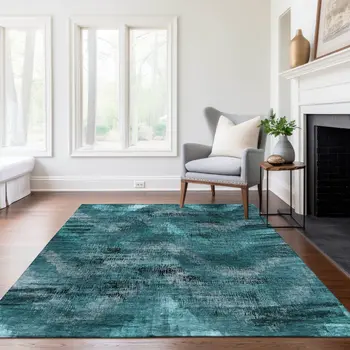 3' X 5' Teal Blue Aqua And Gray Abstract Washable Indoor Outdoor Area Rug