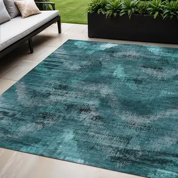 5' X 8' Teal Blue Aqua And Gray Abstract Washable Indoor Outdoor Area Rug
