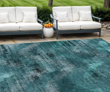 8' X 10' Teal Blue Aqua And Gray Abstract Washable Indoor Outdoor Area Rug