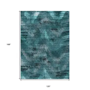10' X 14' Teal Blue Aqua And Gray Abstract Washable Indoor Outdoor Area Rug