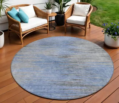 8' Denim Blue And Sky Blue Round Abstract Washable Indoor Outdoor Area Rug