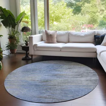 8' Denim Blue And Sky Blue Round Abstract Washable Indoor Outdoor Area Rug