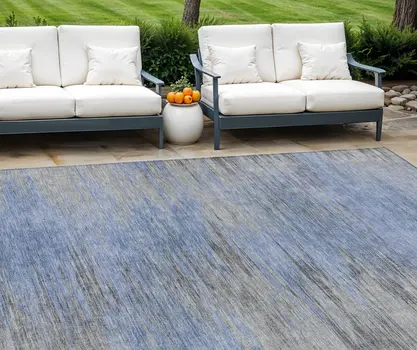 8' X 10' Denim Blue And Sky Blue Abstract Washable Indoor Outdoor Area Rug