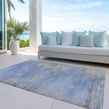 10' X 14' Denim Blue And Sky Blue Abstract Washable Indoor Outdoor Area Rug