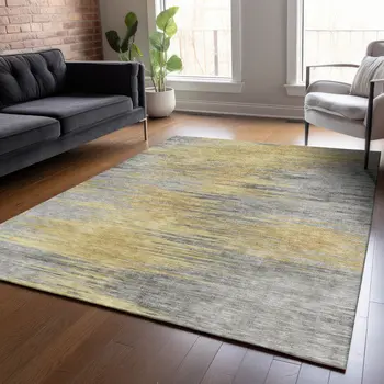 3' X 5' Gold Gray And Charcoal Abstract Washable Indoor Outdoor Area Rug