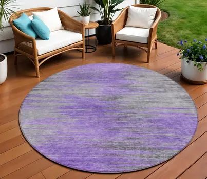 8' Purple Gray And Charcoal Round Abstract Washable Indoor Outdoor Area Rug