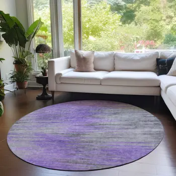 8' Purple Gray And Charcoal Round Abstract Washable Indoor Outdoor Area Rug