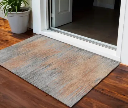 3' X 5' Salmon Gray And Charcoal Abstract Washable Indoor Outdoor Area Rug
