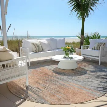 8' Salmon Gray And Charcoal Round Abstract Washable Indoor Outdoor Area Rug
