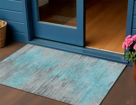 3' X 5' Teal Blue Charcoal And Gray Abstract Washable Indoor Outdoor Area Rug