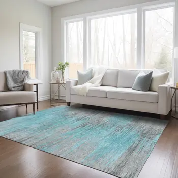 3' X 5' Teal Blue Charcoal And Gray Abstract Washable Indoor Outdoor Area Rug