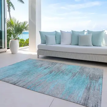 5' X 8' Teal Blue Charcoal And Gray Abstract Washable Indoor Outdoor Area Rug