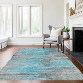 5' X 8' Teal Blue Charcoal And Gray Abstract Washable Indoor Outdoor Area Rug