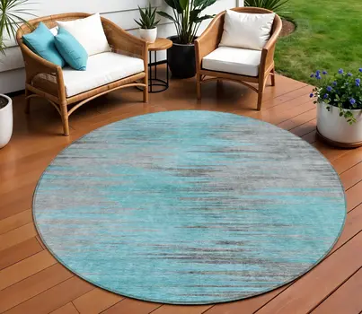8' Teal Blue Charcoal And Gray Round Abstract Washable Indoor Outdoor Area Rug