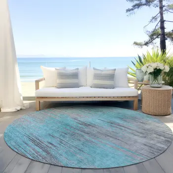 8' Teal Blue Charcoal And Gray Round Abstract Washable Indoor Outdoor Area Rug