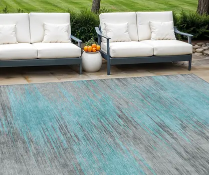 9' X 12' Teal Blue Charcoal And Gray Abstract Washable Indoor Outdoor Area Rug