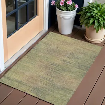 3' X 5' Artichoke Green Fern Green And Gold Abstract Washable Indoor Outdoor Area Rug
