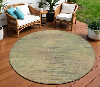 8' Artichoke Green Fern Green And Gold Round Abstract Washable Indoor Outdoor Area Rug