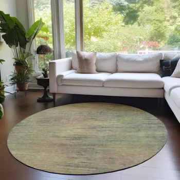 8' Artichoke Green Fern Green And Gold Round Abstract Washable Indoor Outdoor Area Rug