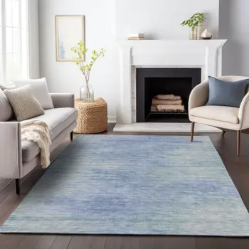 5' X 8' Denim Blue And Sky Blue Abstract Washable Indoor Outdoor Area Rug