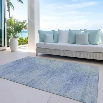 8' X 10' Denim Blue And Sky Blue Abstract Washable Indoor Outdoor Area Rug