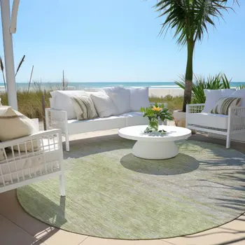 8' Sage And Artichoke Green Round Abstract Washable Indoor Outdoor Area Rug