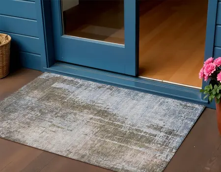 3' X 5' Brown Taupe And Navy Blue Abstract Washable Indoor Outdoor Area Rug