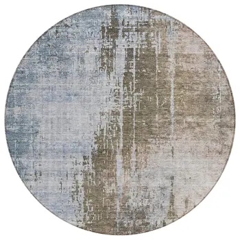 8' Brown Taupe And Navy Blue Round Abstract Washable Indoor Outdoor Area Rug