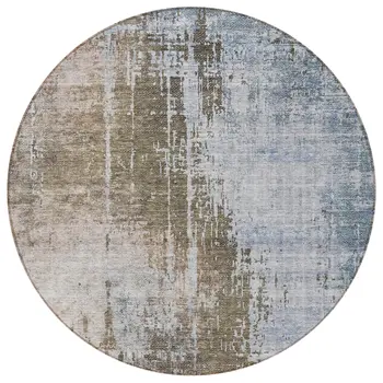 8' Brown Taupe And Navy Blue Round Abstract Washable Indoor Outdoor Area Rug