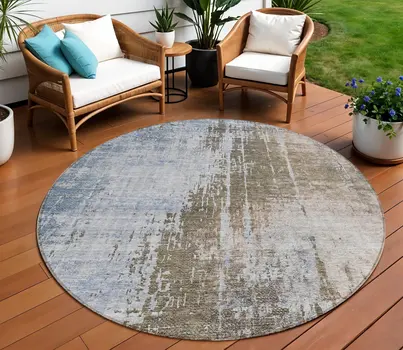 8' Brown Taupe And Navy Blue Round Abstract Washable Indoor Outdoor Area Rug