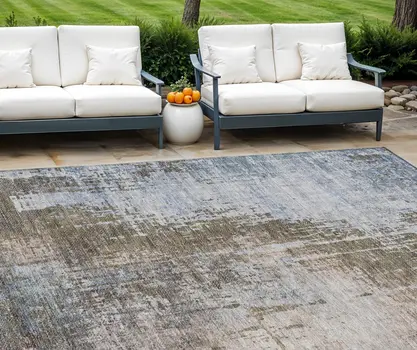 8' X 10' Brown Taupe And Navy Blue Abstract Washable Indoor Outdoor Area Rug