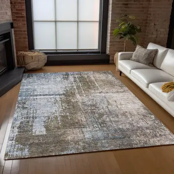 8' X 10' Brown Taupe And Navy Blue Abstract Washable Indoor Outdoor Area Rug