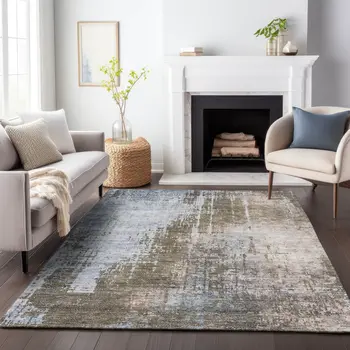 10' X 14' Brown Taupe And Navy Blue Abstract Washable Indoor Outdoor Area Rug