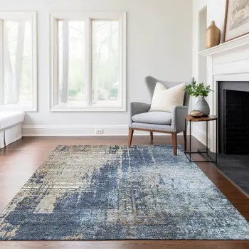 9' X 12' Navy Blue And Taupe Abstract Washable Indoor Outdoor Area Rug